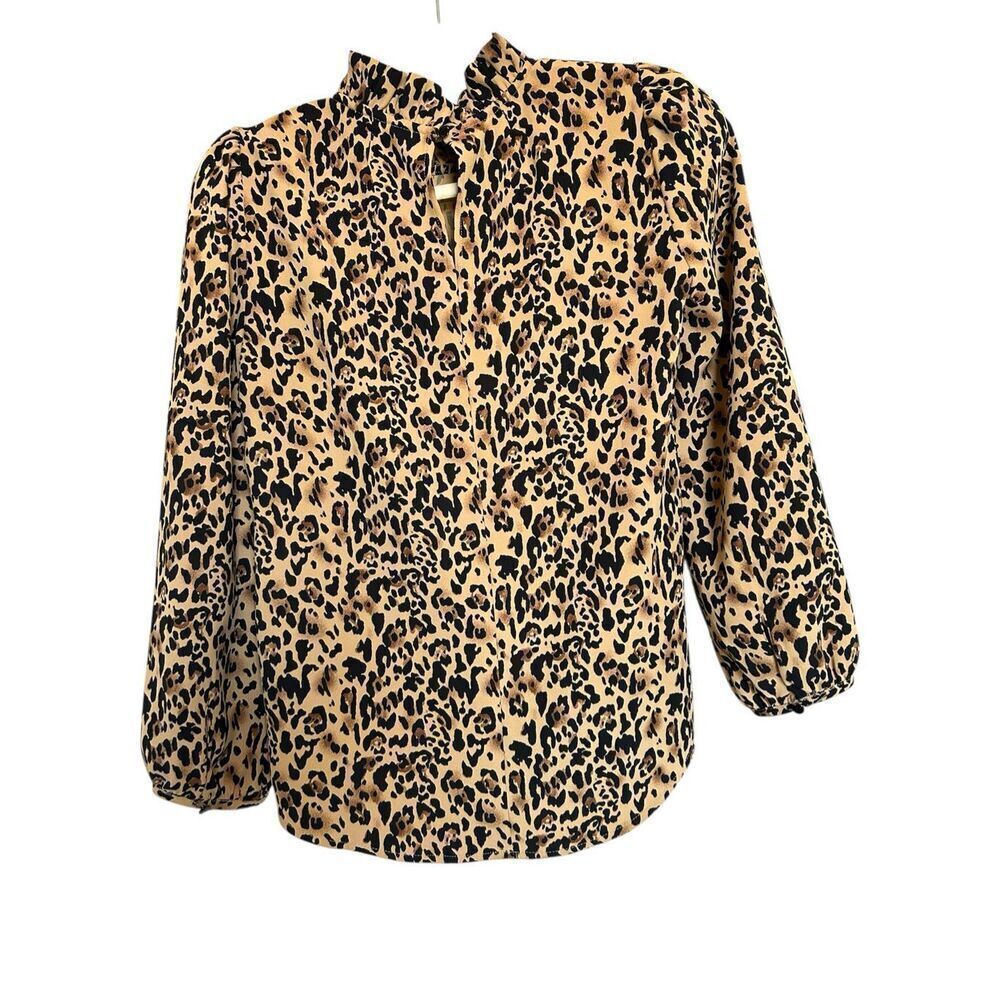 J.Crew XS Leopard Print Button Back Romantic Ruffle Victorian Collar Blouse - Picture 2 of 11
